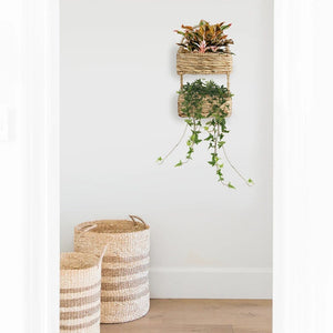 2-Tier Rectangle Wicker Wall Hanging Storage Basket Organizer